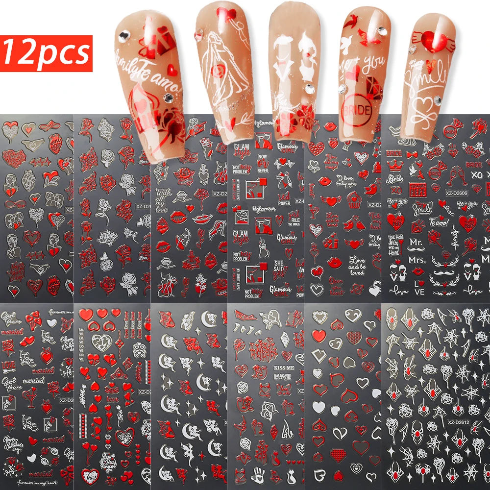 8pc 3D Mixed Color Heart Nail Stickers Valentines' Day Sweet Red Pink Love Selfadhesive Nail Decoration Decals Manicure Suppl