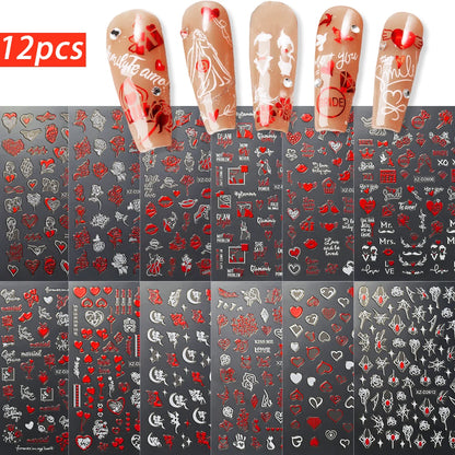 8pc 3D Mixed Color Heart Nail Stickers Valentines' Day Sweet Red Pink Love Selfadhesive Nail Decoration Decals Manicure Suppl