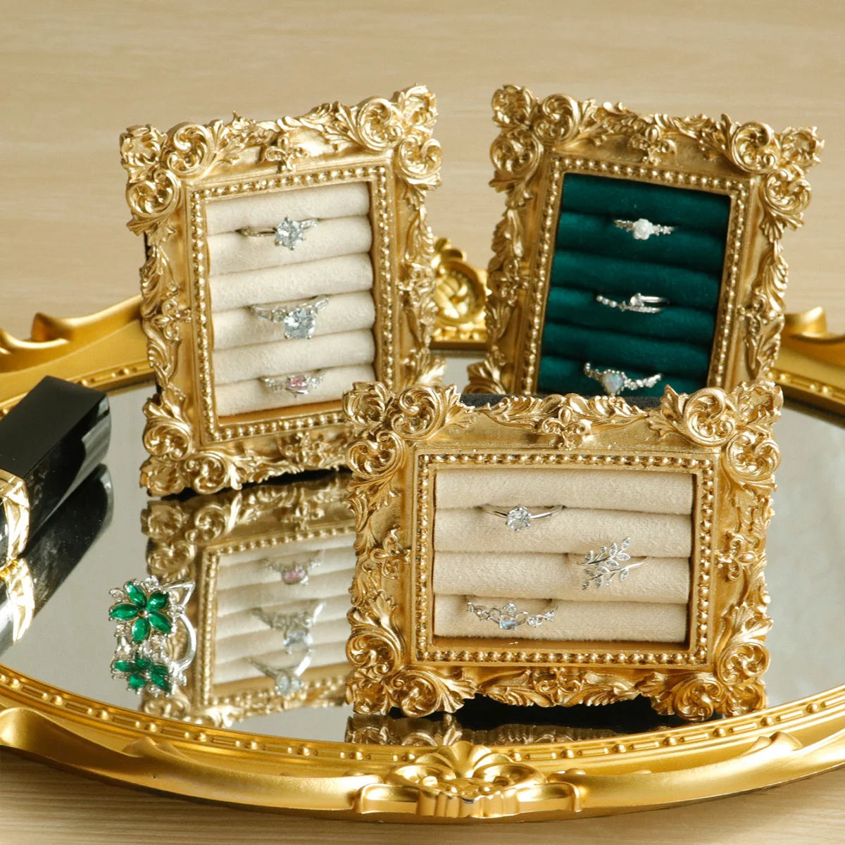 Vintage Gold Ring Display Stand,Suede Earring Tray Baroque Design,Wedding & Birthday Gifts, Velvet Organizer for Engagement P