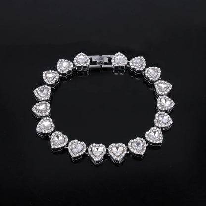ZAKOL 45CM New Hip Hop Tennis Chain Bracelet Necklace Shiny Heart Rhinestone CZ Fashion Rock Party Jewelry Set - Sliver Color