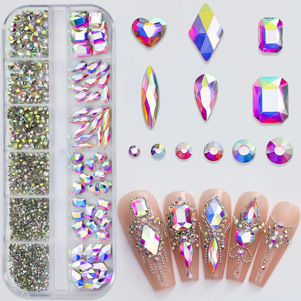 2400pcs+ Shiny Clear Crystal Gems Nail Rhinestones 1.5-4mm Mixed Round Glass Stone Flatback Nail Charms 12grids Nail Diamond 
