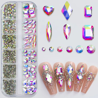 2400pcs+ Shiny Clear Crystal Gems Nail Rhinestones 1.5-4mm Mixed Round Glass Stone Flatback Nail Charms 12grids Nail Diamond 