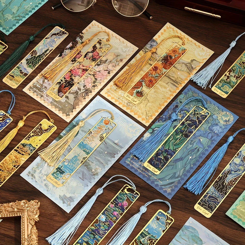 Vintage Oil Painting Metal Bookmarks - Hollow Hot Stamping Long Tassel Bookmarks - Stationery Gifts for Book Clubs, Book Love