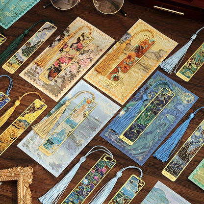 Vintage Oil Painting Metal Bookmarks - Hollow Hot Stamping Long Tassel Bookmarks - Stationery Gifts for Book Clubs, Book Love