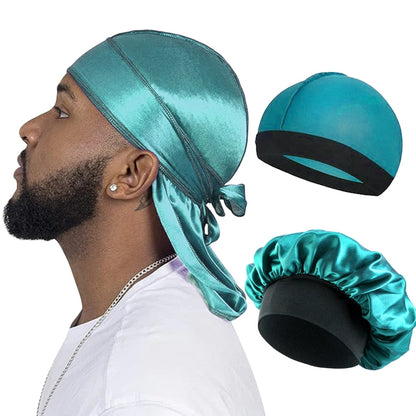 3PCS/LOT Men Silky Durag Long Tail Pirate Hat Headband Turban Dome Wave Cap Unisex Wig Cap Elastic Band Satin Bonnet - Lake b