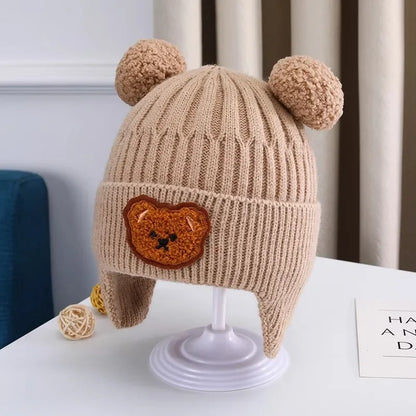 Baby wool hat cute bear ear protection hat children winter thickened warm knitted Korean version of the baby hat - Coffee
