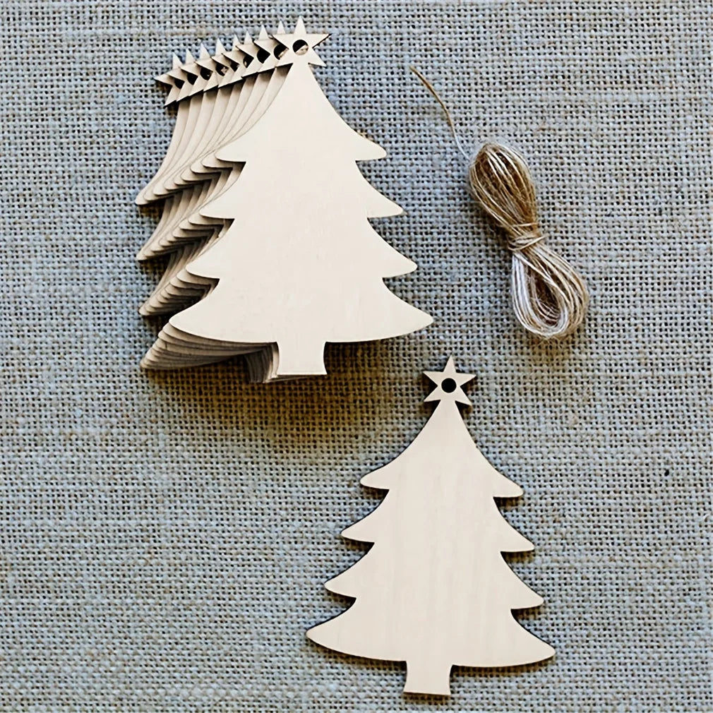 10Pcs Christmas Tree Shape Wooden Crafts Hanging Ornaments Unfinished Christmas Tree Pendant Decoration Wood Slices for Craft