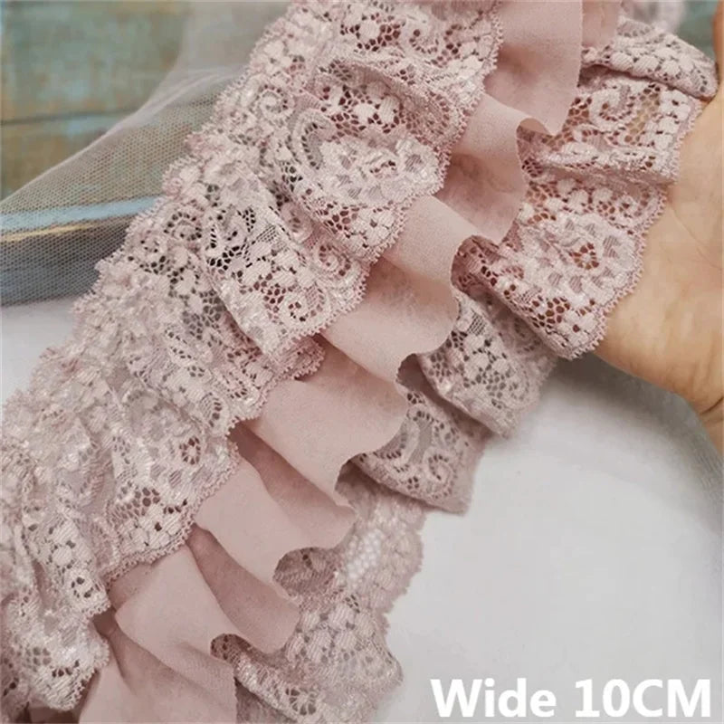 10CM Wide Three Layers Pleated Chiffon Fabric Embroidery Fringe Ribbon Lace Collar Ruffle Trim DIY Apparel Curtains Sewing De