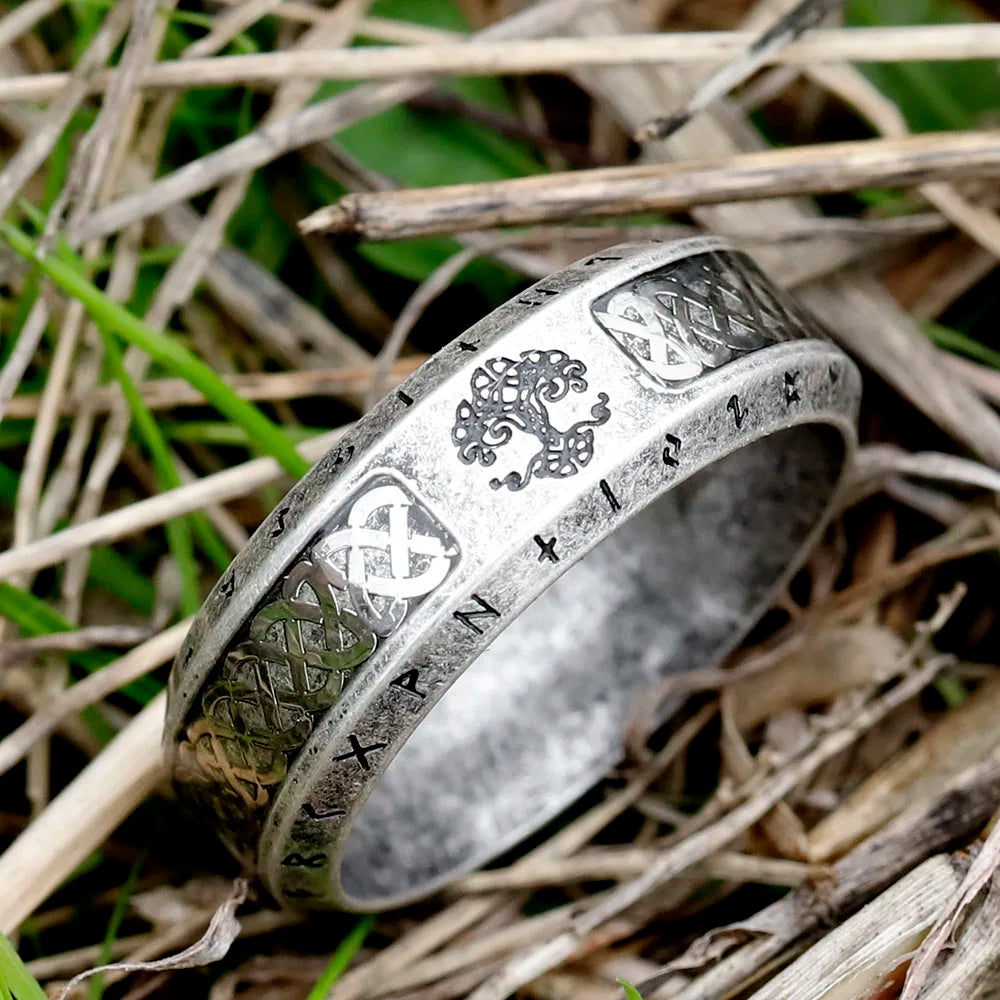 Special Design Stainless Steel Viking Ring Runes Tree of Life Ring For Men Vintage Celtic Knot Rune Vintage Jewelry - retro /