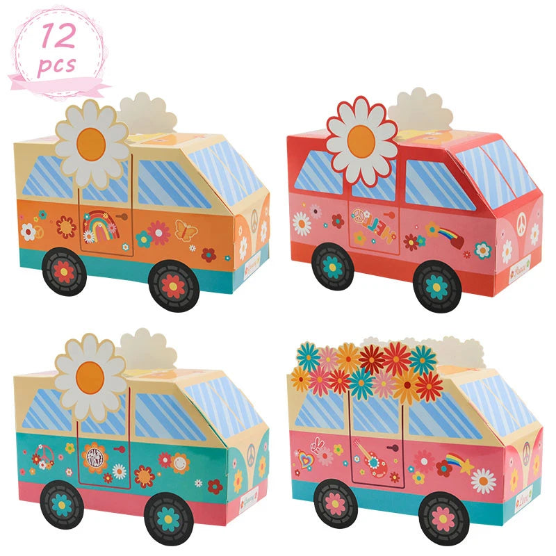 12/24Pcs Groovy Party Favor Boxes Groovy Hippie Peace Bus Centerpiece Birthday Party Decorations Gift Box