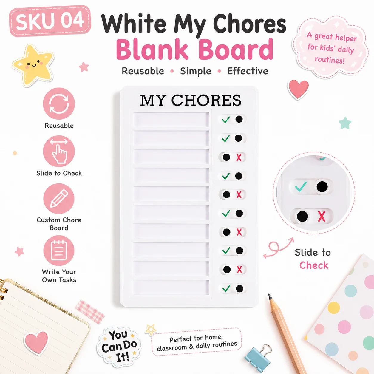 Self Discipline Checklist Board, Replaceable Plastic Chore Chart for Kids Adults, Summer Task Planner & Daily Habit Tracker