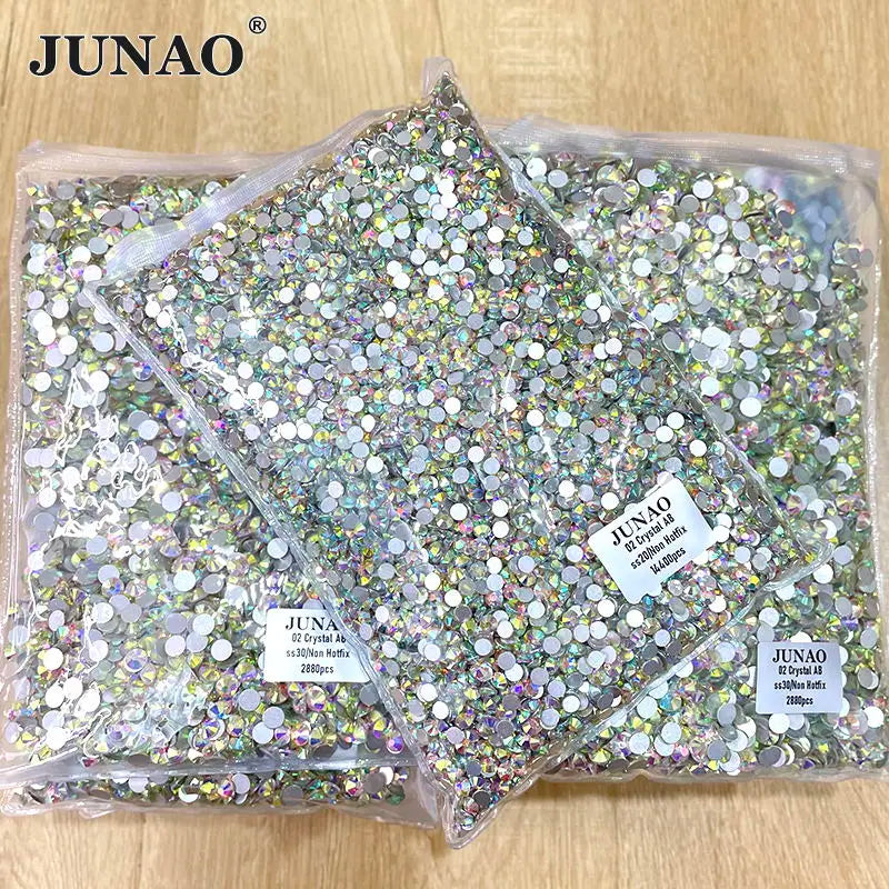 JUNAO 100Gross SS3 SS4 SS5 SS6 SS30 SS40 SS50 Large Size Crystal AB Glass Rhinestone Flatback Crystals Non Hotfix Strass For 