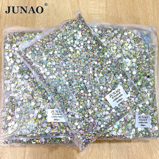 JUNAO 100Gross SS3 SS4 SS5 SS6 SS30 SS40 SS50 Large Size Crystal AB Glass Rhinestone Flatback Crystals Non Hotfix Strass For 