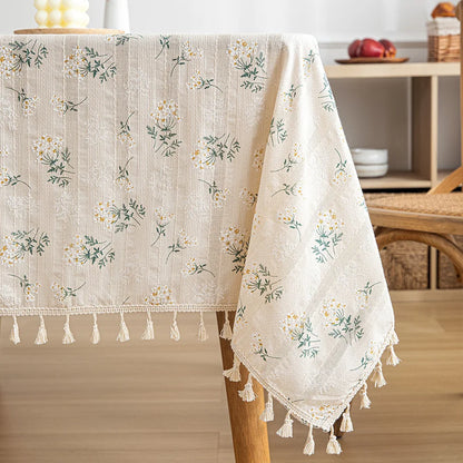Korean Style Small Daisy Cotton Floral Tablecloth For Kitchen, Wedding, Dining Room - Floral-beige Tassels / 90x90cm