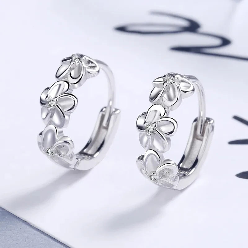 925 Sterling Silver Needle Earrings for Women's Wedding Fashion Jewelry Crystal Zircon Flower Cute Stud