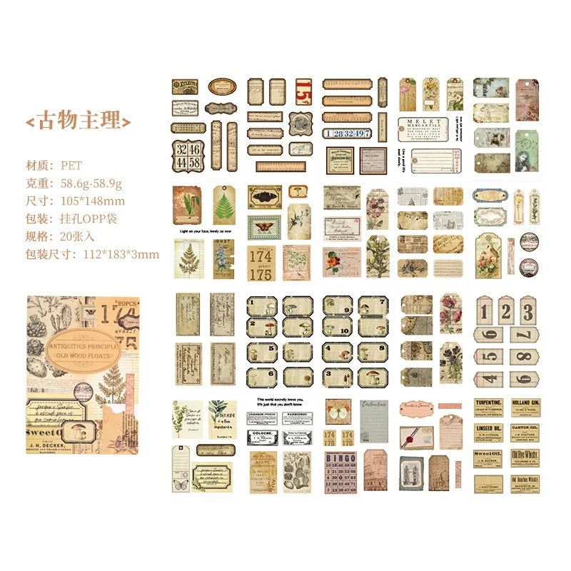 20 Sheets Vintage Scrapbooking Stickers Books PET Materials Creative DIY Journal Collage Material Journaling Supplies Sticker