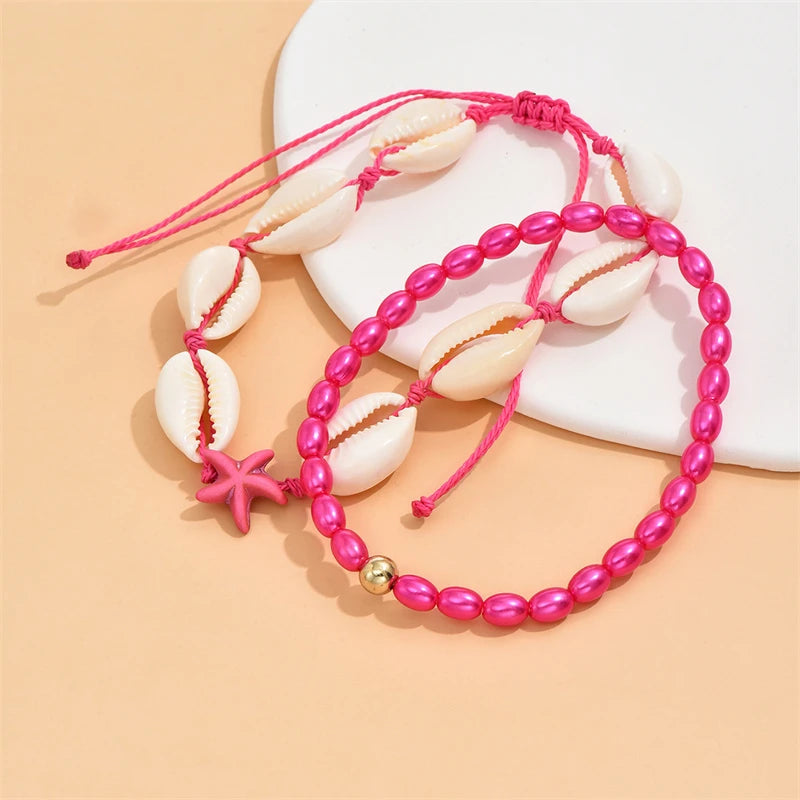 New Bohemia Starfish Conch Shell Beads Anklet For Women Double Heart Beaded Leg Chain Summer Beach Party Barefoot Sandal Jewe