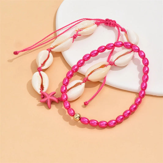 New Bohemia Starfish Conch Shell Beads Anklet For Women Double Heart Beaded Leg Chain Summer Beach Party Barefoot Sandal Jewe