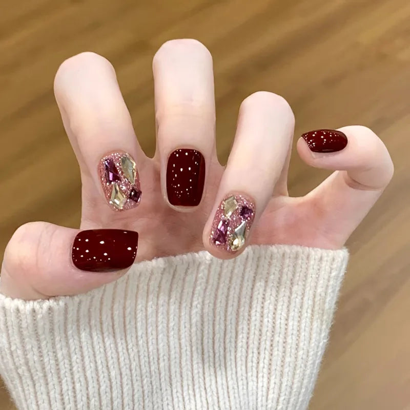 24pcs Detachable Short Press on Nails Y2k rhinestone False Nails with Glue Ballet Sweet Cool Girls Artificial False Nails Tip
