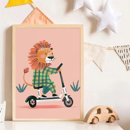 Minimalist Cute Skateboard Animal Wall Art Dog, Lion, Crocodile, Tiger, Bear, and Car Canvas Print Home Decor for Kids' Rooms