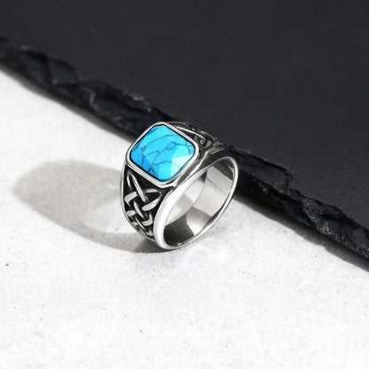Punk Vintage Ethnic Rings for Men, Retro Viking Knot Rune Finger Band, Black Geometric Square Stone Signet Ring Jewelry