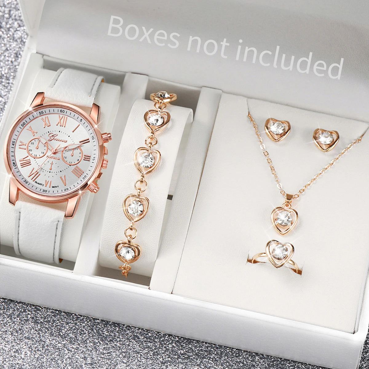 5/6PCS Fashion Women's Quartz Watch Leather Band Analog Wrist Watches Heart Rhinestone Jewelry Set(Without Box) - White Set N