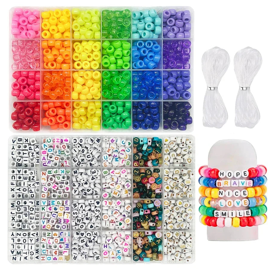 Pony Beads for Friendship Bracelet Making Kit 24 Colors Kandi Beads Set, 720pcs Plastic Rainbow Bulk and 980pcs Letter Beads 