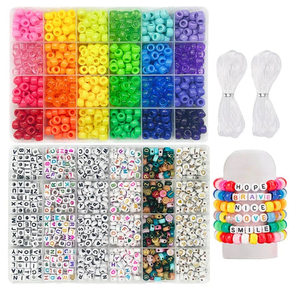 Pony Beads for Friendship Bracelet Making Kit 24 Colors Kandi Beads Set, 720pcs Plastic Rainbow Bulk and 980pcs Letter Beads 