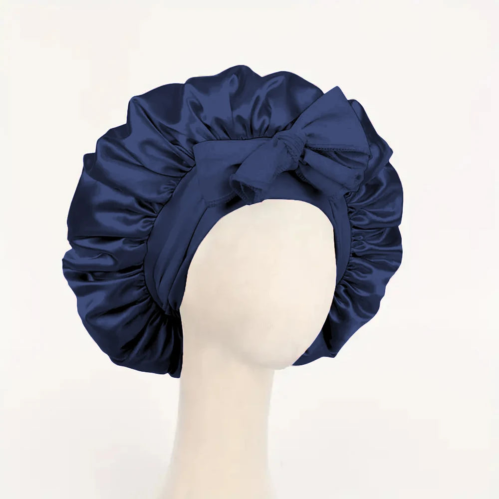 Satin Bonnet Silk Bonnet Adjustable Bonne For Sleeping Hair Bonnet With Tie Band Bonnets For Women Men - Navy Blue