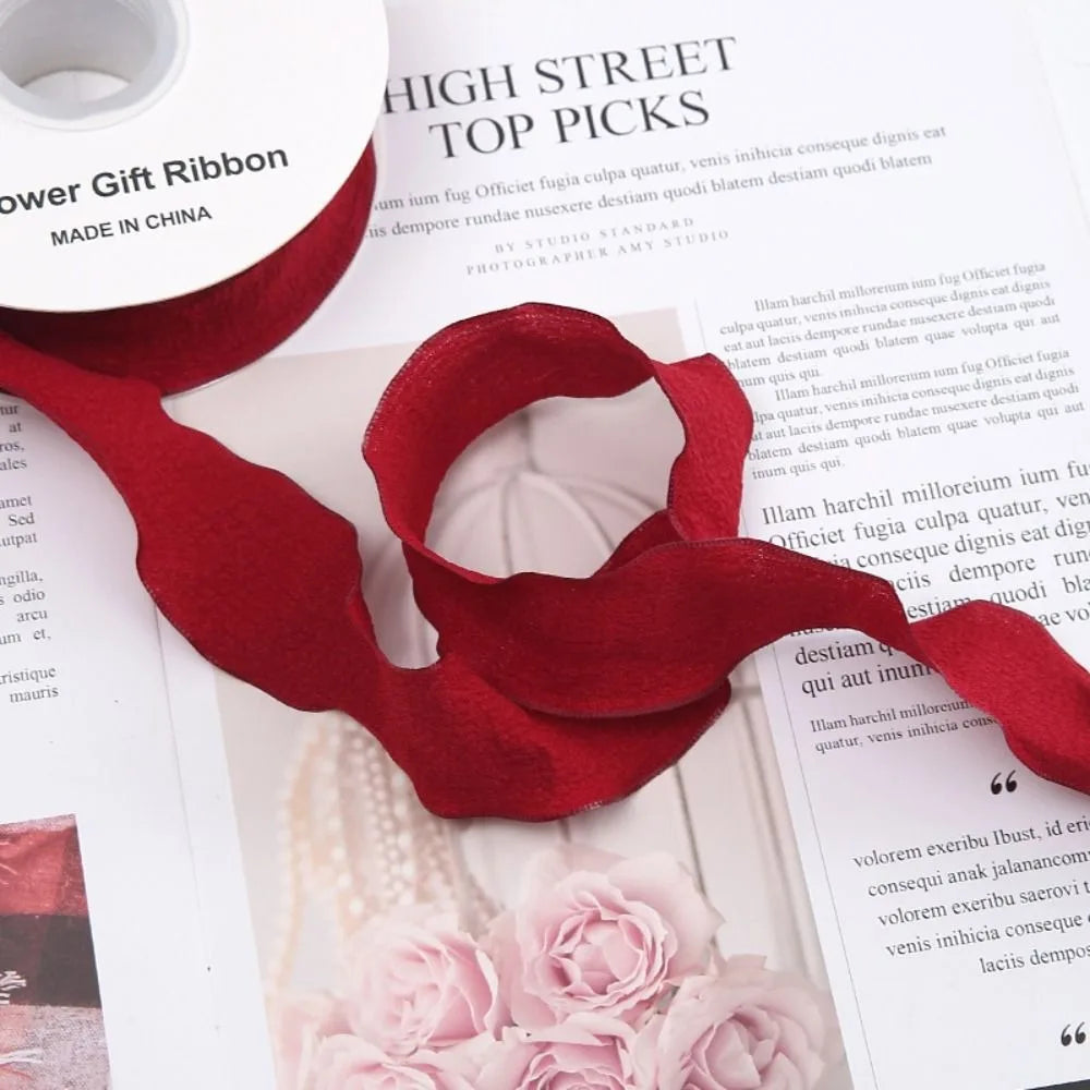 New 10 Yards Fishtail Yarn Ribbons Gift Wrapping Bouquets Wave Edge Pleated Gifts Packaging Material 2.5cm DIY Decor - Wine R