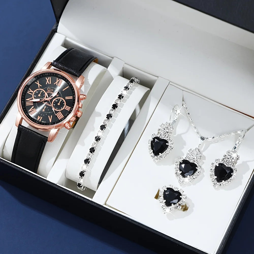 Fashion Quartz Watch and Jewelry Set, Shock Resistant Circular Analog Digital Display, PU Leather Strap, Zinc Alloy Case - 4