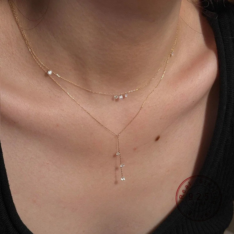 18K Gold Plated 925 Silver Lariat Necklace Tiny 3 CZ Y-Shaped Drop Pendant Thin Chain Necklace Ladies Elegant Daily Jewelry