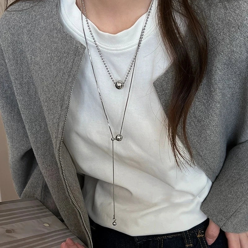 LATS Personality Stainless Steel Beaded Ball Pendant Necklace for Women Silver Color Double Layer Hip Hop Rock Chokers Jewelr