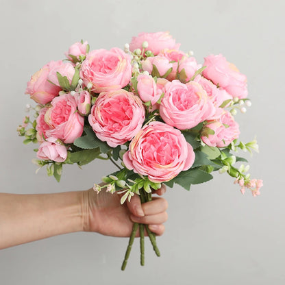 1pcs/30cm Rose Pink Silk Bouquet Peony Artificial Flower 5 Big Head 4 Small Bud Bride Wedding Home Decoration Artifi