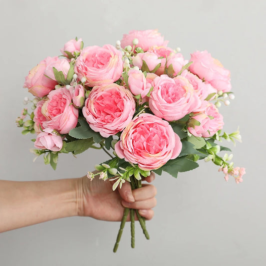 1pcs/30cm Rose Pink Silk Bouquet Peony Artificial Flower 5 Big Head 4 Small Bud Bride Wedding Home Decoration Artifi