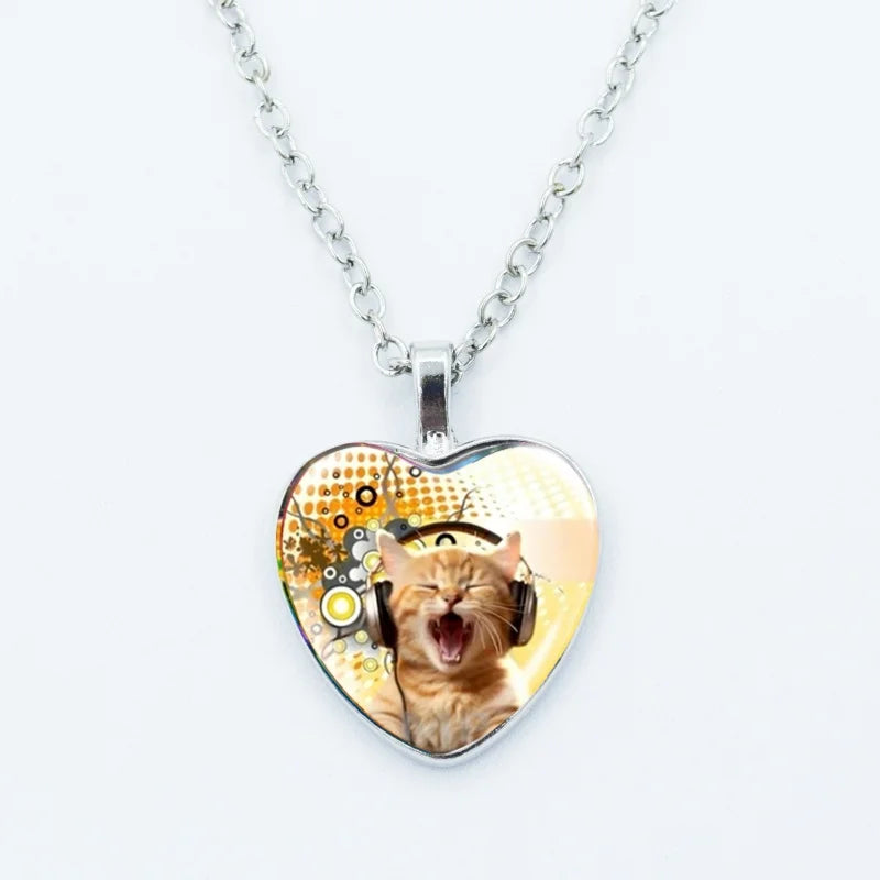 Cute Funny Rainbow Alien Cat Heart Pendant Necklace Animal Shape Art Photo Glass Cabochon Jewelry Children's And Women's