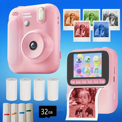 Color Printing Camera Kids Instant Camera 32GB 1080P Thermal Print Digital Camera Print Photo Video Games Music Children Gift