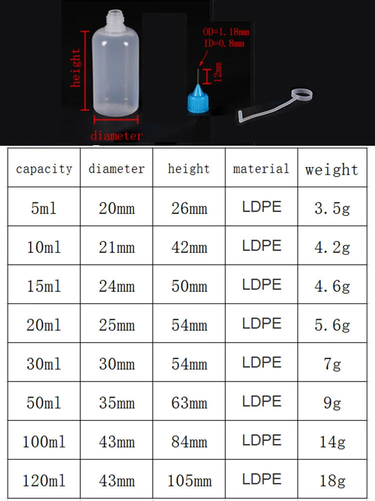 5ml 10ml 20ml 30ml 100ml 120ml PE Plastic Squeezable Tip Applicator Bottle Refillable Dropper with Needle Tip Caps Oil Bottle