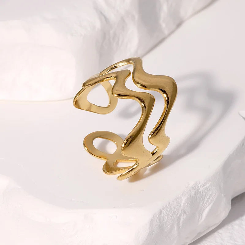 Stainless Steel Irregular Wave Rings for Women Men Creative Gold Color Adjustable Opening Rings Female Statement Jewelry Gift