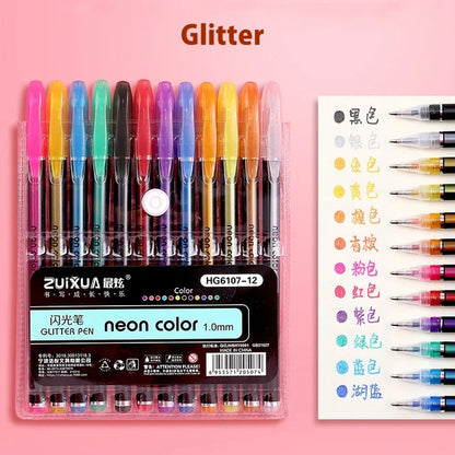 12/24Pcs Metallic Glitter Colors Gel Pens & Pen Refills For School Office Adult Coloring Book Journals Drawing Art Markers - 