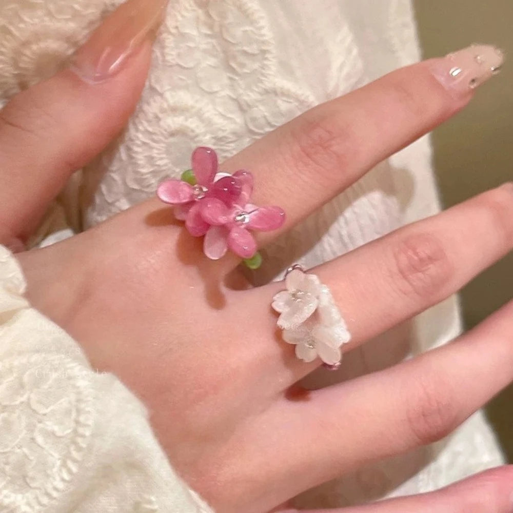 New Romantic Cute Violet Flower Ring Spring Summer Elastic Beaded Rings for Women Friends Korea Finger Jewelry Accessories Gi