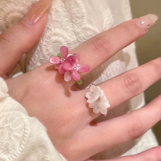 New Romantic Cute Violet Flower Ring Spring Summer Elastic Beaded Rings for Women Friends Korea Finger Jewelry Accessories Gi
