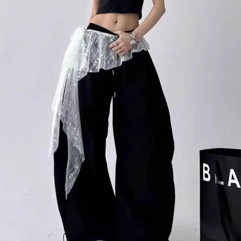 Embroidered Flower Lace Mini Skirt Irregular Y2K Streetwear Ruched Skirts High Waist See Through Lace Up Ruffles Skirt