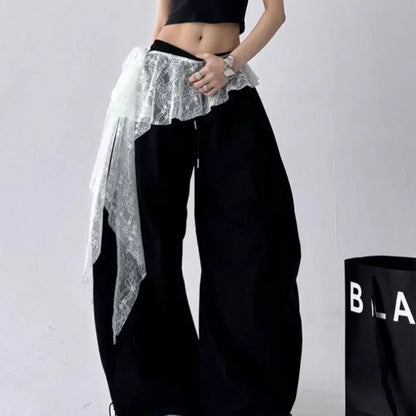 Embroidered Flower Lace Mini Skirt Irregular Y2K Streetwear Ruched Skirts High Waist See Through Lace Up Ruffles Skirt
