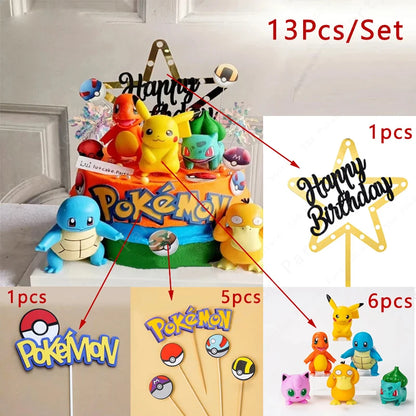 13Pcs/set Pokemon Cake Topper Pikachu Anime Figure Party Happy Birthday Pokemon Cake Decoration Supplies Ornaments Gift - 13P