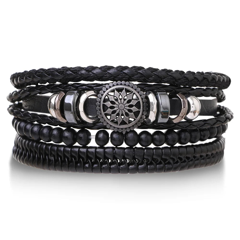 4Pcs/ Set Braided Wrap Leather Bracelets for Men Vintage Life Tree Rudder Charm Wood Beads Ethnic Tribal Wristband Rope Brace