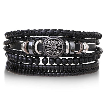 4Pcs/ Set Braided Wrap Leather Bracelets for Men Vintage Life Tree Rudder Charm Wood Beads Ethnic Tribal Wristband Rope Brace