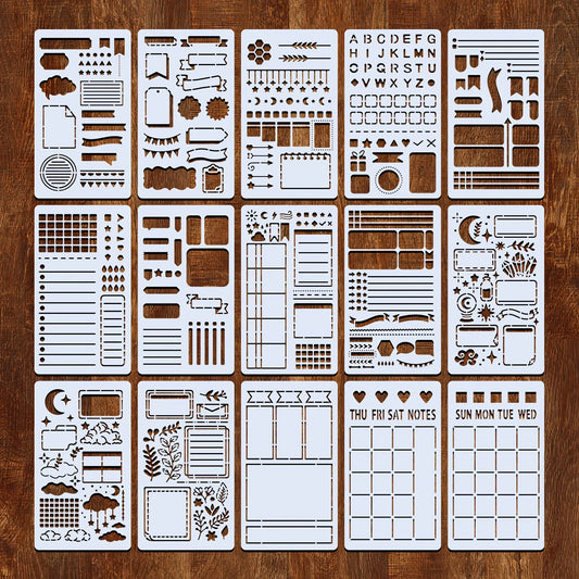 15Pcs Diary Drawing Templates Reusable Bullet Stencils For Painting DIY Scrapbooking Diary Scrapbook Journal Stationery Gifts