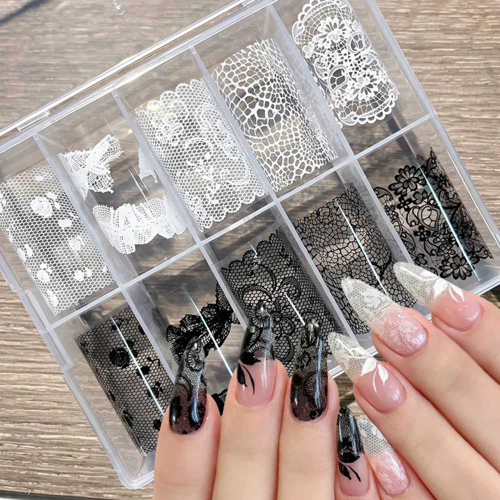 10 Rolls 4x50CM Black White Lace Transfer Nail Sticker Sexy Flower Lace Nail Art Transfer Foils Paper for DIY Manicure Decals
