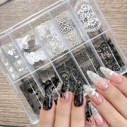 10 Rolls 4x50CM Black White Lace Transfer Nail Sticker Sexy Flower Lace Nail Art Transfer Foils Paper for DIY Manicure Decals